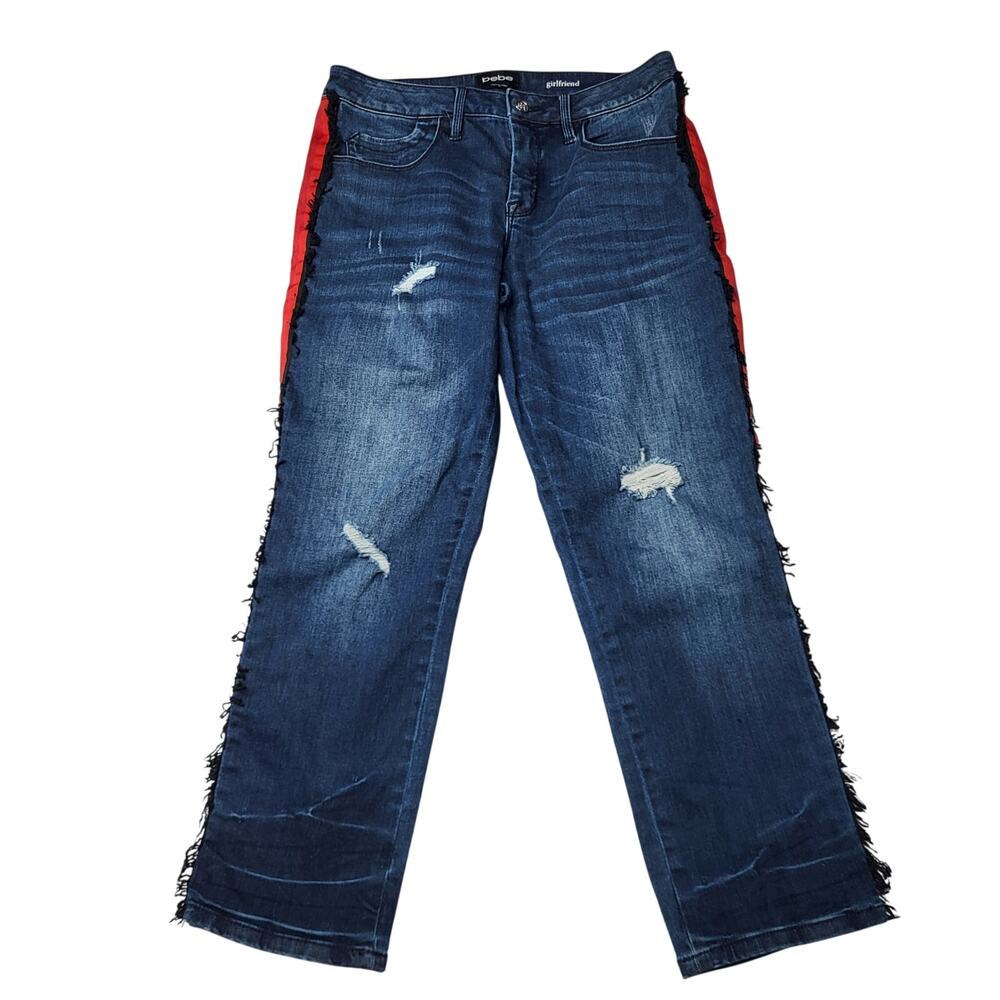 Bebe Girlfriend Striped Cropped Straight Jeans Dark Wash Fringe Distressed 29